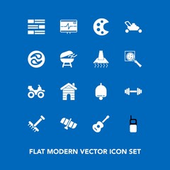 Modern, simple vector icon set on blue background with musical, call, drawing, raking, garden, gardening, fitness, heart, telephone, health, technology, real, palette, bell, alarm, rake, orbit icons