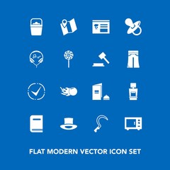 Modern, simple vector icon set on blue background with location, space, tool, education, oven, gardening, xray, kitchen, sign, comet, object, sound, pacifier, sweet, sickle, check, paper, garden icons