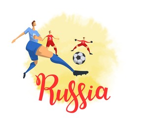 Fototapeta na wymiar Russia and football. Football players on white background. Colorful poster with lettering. Flat vector illustration. Isolated