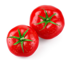 Tomatoes isolated on white. Tomato with drops. Top view.