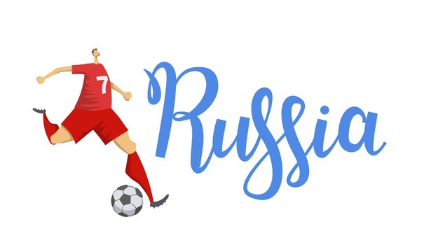 Football and Russia. Player kicking a ball on Russia lettering background. Flat vector illustration. Isolated on white background.