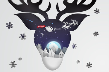 Paper art and craft of christmas with reindeer concept background,vector,illustration