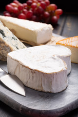 French cheeses plate in assortment,  Neufchatel heart shaped aged white cow cheese from Normandy