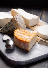 French cheeses plate in assortment, blue cheese, brie, munster, soft goat cheese