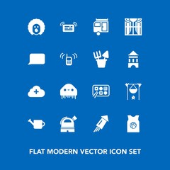 Modern, simple vector icon set on blue background with hot, fireplace, monster, sport, cloud, caravan, alien, can, travel, food, firework, equipment, observatory, trailer, interior, journey, ufo icons