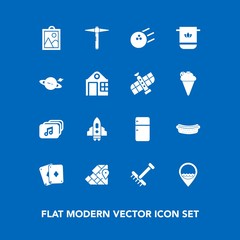 Modern, simple vector icon set on blue background with spaceship, game, world, bowling, dinner, poker, fridge, picture, technology, sport, bathroom, hotdog, travel, refrigerator, food, map, meat icons