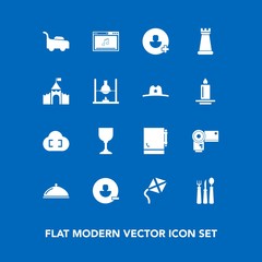 Modern, simple vector icon set on blue background with strategy, notepad, king, music, building, service, science, leisure, technology, cowboy, research, spoon, photo, sheriff, mower, page, add icons