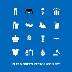 Modern, simple vector icon set on blue background with document, sweet, machine, child, jewelry, beacon, fresh, beer, judge, baby, holiday, file, trousers, data, justice, kid, folder, summer icons