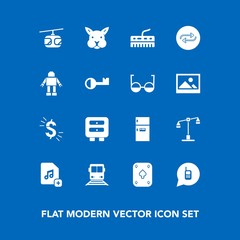 Modern, simple vector icon set on blue background with eye, robot, usd, music, refrigerator, change, animal, technology, keyboard, rabbit, rail, replacement, substitute, poker, add, cute, food icons