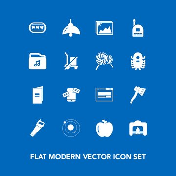 Modern, simple vector icon set on blue background with dentist, system, photo, axe, web, paper, planet, boy, white, light, apple, mobile, health, science, brochure, book, lamp, frame, tool, bulb icons