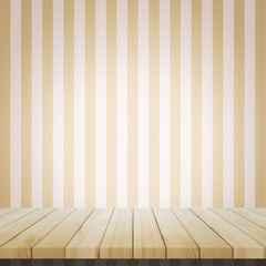 Empty top of vintage striped pattern wall and wooden deck tabletop.For product display