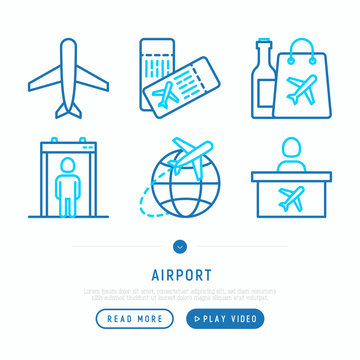 Airport thin line icons set: airplane, boarding pass, duty free, customs, check-in counter. Vector illustration, web page template.