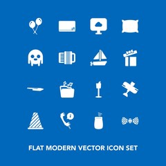 Modern, simple vector icon set on blue background with alien, center, pillow, road, blackboard, tie, music, aircraft, musical, kitchen, soft, wine, knife, school, decoration, street, ufo, sign icons