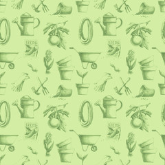 Seamless pattern with hand-drawn gardening elements