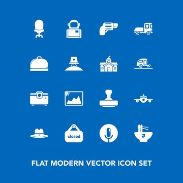 Modern, simple vector icon set on blue background with image, meal, frame, west, interior, departure, home, microphone, voice, flight, pistol, chinese, handgun, armchair, chair, mark, photo, gun icons
