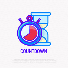 Countdown thin line icon: stopwatch and hourglass. Modern vector illustration.