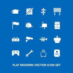 Modern, simple vector icon set on blue background with camera, test, sign, , trumpet, cake, bag, wrench, van, dont, sale, equipment, science, train, flag, road, identity, traffic, background icons