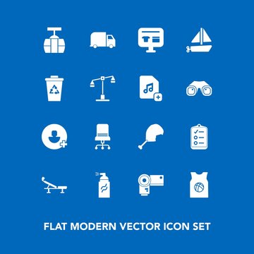 Modern, simple vector icon set on blue background with sky, comfortable, photography, sign, photographer, toy, interior, team, chair, transportation, grunge, paint, bird, meat, furniture, ship icons