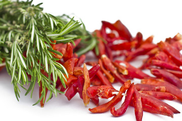 Dry hot red chilli pepper and fresh rosemary
