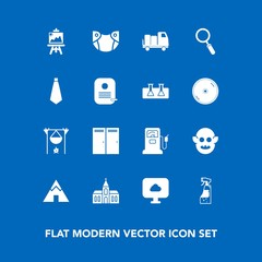 Modern, simple vector icon set on blue background with hot, fuel, alien, religion, home, shipping, housework, drawing, care, travel, glass, church, cloud, station, zoom, delivery, entrance, door icons