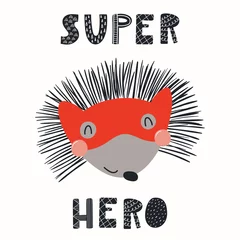Sierkussen Hand drawn vector illustration of a cute funny hedgehog in a mask, with lettering quote Super hero. Isolated objects. Scandinavian style flat design. Concept for children print. © Maria Skrigan