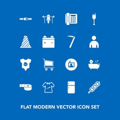 Modern, simple vector icon set on blue background with communication, sticky, baby, screen, office, bucket, alcohol, weight, trolley, tape, cart, kebab, road, market, household, street, fridge icons
