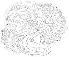 Black and white page for coloring. Fantasy drawing of Celtic dragon. Worksheet for children and adults. Vector image.