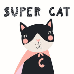 Hand drawn vector illustration of a cute funny cat in a mask and cape, with lettering quote Super cat. Isolated objects. Scandinavian style flat design. Concept for children print.