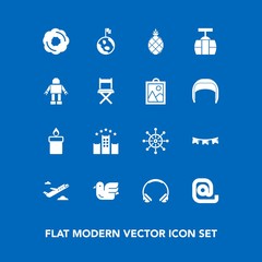 Modern, simple vector icon set on blue background with mail, rudder, flight, envelope, vacation, departure, bed, airplane, sound, nautical, planet, holiday, wildlife, helm, communication, flag icons