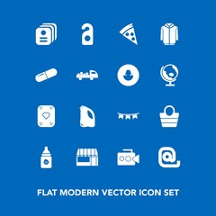 Modern, simple vector icon set on blue background with store, label, market, video, privacy, supermarket, celebration, film, object, background, jacket, message, fashion, card, lunch, food, bag icons