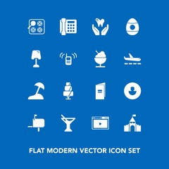 Modern, simple vector icon set on blue background with book, food, medieval, doughnut, island, kitchen, cocktail, juice, gas, glass, oven, message, human, castle, brochure, box, cake, paper, sea icons
