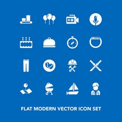 Modern, simple vector icon set on blue background with grill, record, clothing, meat, equipment, sword, male, samurai, foreman, sound, industry, katana, barbecue, video, toy, helmet, film, pin icons