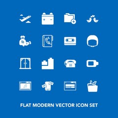 Modern, simple vector icon set on blue background with flight, lollipop, audio, candy, online, home, chat, phone, house, retro, food, plane, tape, energy, travel, ball, bear, file, sign, full icons