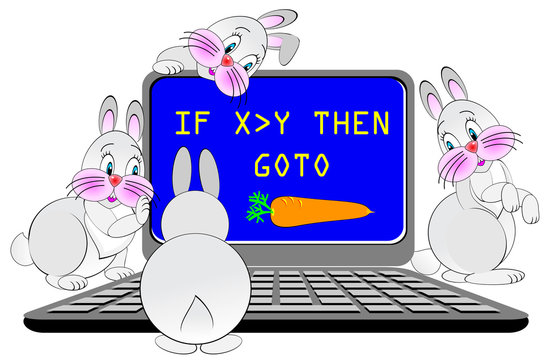Illustration of funny rabbits studying computer, vector cartoon image.