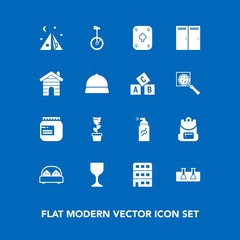 Modern, simple vector icon set on blue background with school, alcohol, bag, circus, plant, bedroom, laboratory, travel, glass, house, street, backpack, grunge, double, graffiti, architecture icons