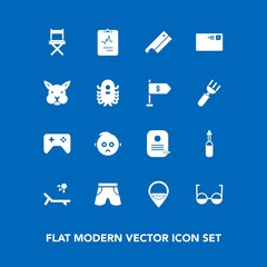 Modern, simple vector icon set on blue background with play, technology, vacation, axe, sad, animal, joystick, baby, game, wear, communication, white, mail, template, tool, cute, letter, bunny icons