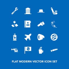 Modern, simple vector icon set on blue background with kamon, directory, airplane, helicopter, hygiene, match, hammer, aircraft, house, japanese, pin, clean, hat, tool, wrench, spanner, travel icons