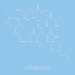 Rifabutin tuberculosis drug molecule. Skeletal formula.