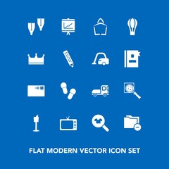 Modern, simple vector icon set on blue background with fashion, internet, , air, balloon, mail, sea, female, send, truck, woman, parachute, file, technology, clothing, folder, wine, white, bag icons