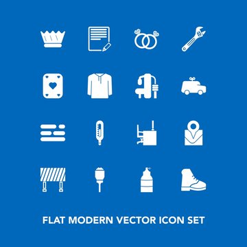 Modern, simple vector icon set on blue background with lamp, document, office, desk, table, travel, business, layout, engagement, light, work, temperature, template, street, queen, game, romance icons