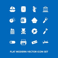Modern, simple vector icon set on blue background with oven, doughnut, food, boat, bank, teddy, energy, switch, spoon, technology, poker, machine, business, animal, modern, ship, print, cake icons