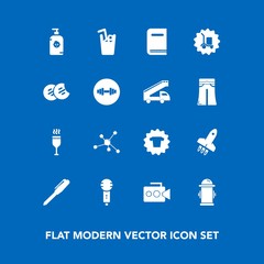 Modern, simple vector icon set on blue background with voice, kid, launch, happy, pen, office, film, equipment, wine, book, handle, clothing, red, technology, rocket, atom, fashion, karaoke, fun icons