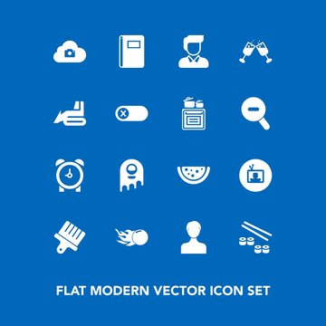 Modern, simple vector icon set on blue background with book, watermelon, paper, brush, alcohol, notebook, account, alien, glass, fiction, watch, web, clock, page, television, ufo, wine, hour, tv icons