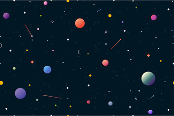 Cotton fabric Space seamless pattern. Gradient planets and stars. Round white dots on dark blue background looking like snow falling.