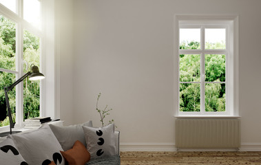 Eingerichtetes Wohnzimmer mit Sofa und mehreren Fenstern