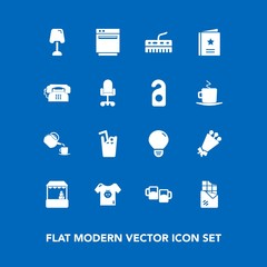 Modern, simple vector icon set on blue background with grocery, gas, shop, light, juice, keyboard, kitchen, tea, beer, bouquet, baby, floral, child, chocolate, cold, lamp, food, flower, energy icons