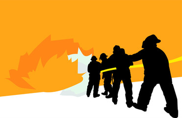 Shadow black color of Team fire fighting on orange background.