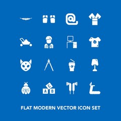 Modern, simple vector icon set on blue background with divider, lady, summer, traditional, alien, coffee, monster, butterfly, instrument, flip, drink, table, abc, necklace, treadmill, home, tool icons