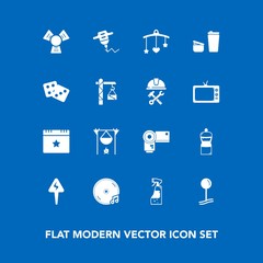 Modern, simple vector icon set on blue background with dice, sugar, music, drop, machine, bottle, camera, drink, baby, spray, sound, equipment, energy, hot, technology, flame, gambling, toy, map icons