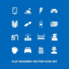 Modern, simple vector icon set on blue background with oven, modern, sailboat, baby, sound, machine, road, nautical, breakfast, child, vehicle, japan, yacht, karaoke, health, weapon, fashion icons